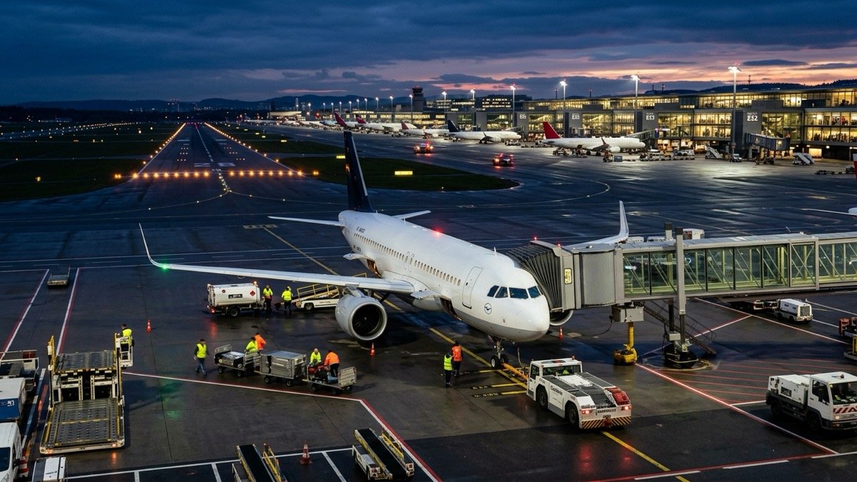 Commercial airliner parked on an airport apron taxiway beside terminal boarding bridges