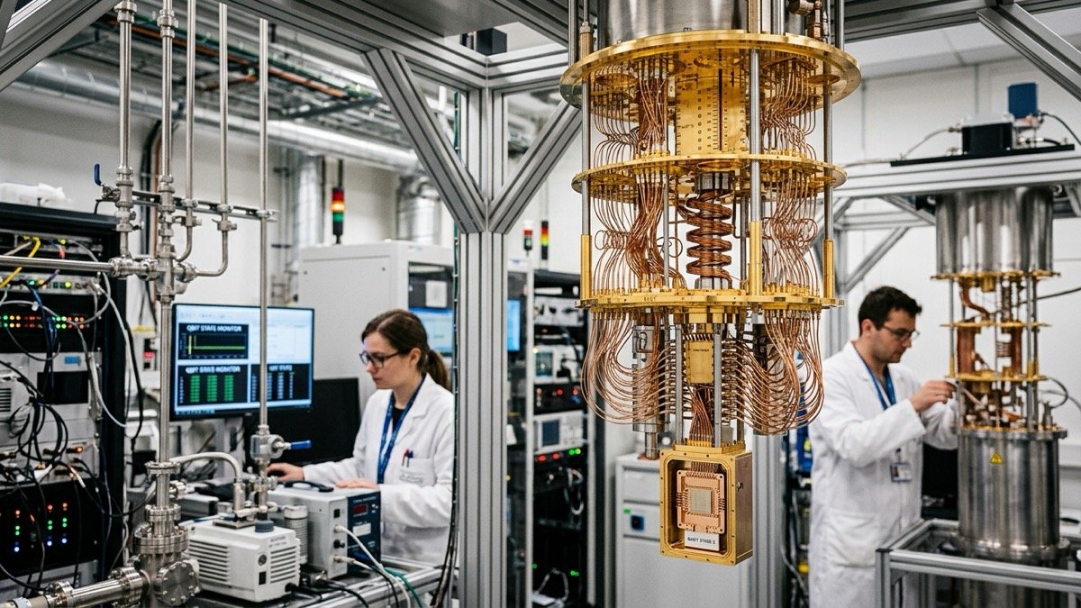 Scientists in laboratory coats working around a gold-plated dilution refrigerator cryostat in a European quantum computing research facility