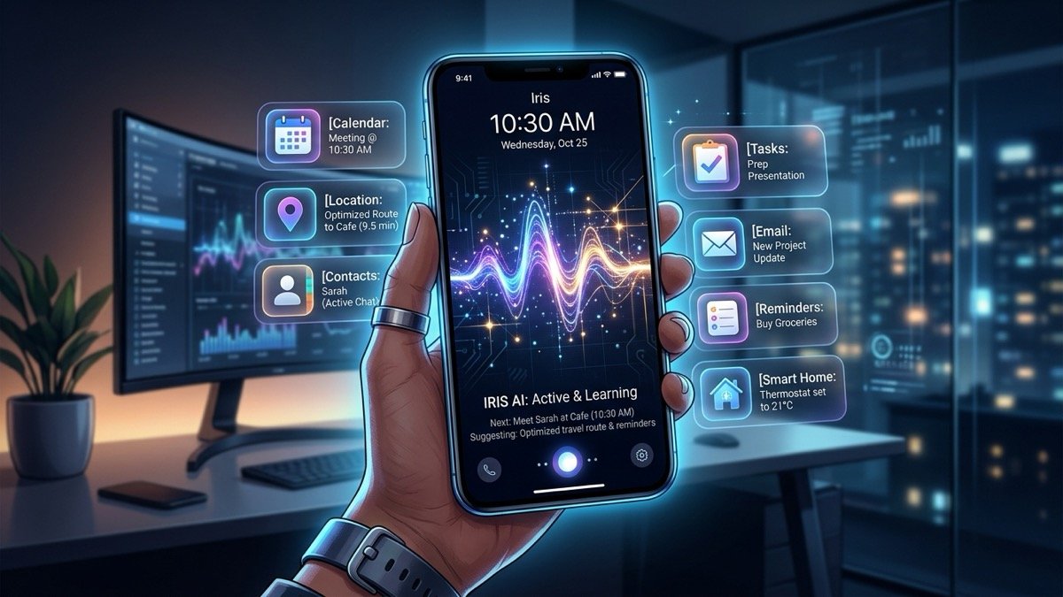 Ilustração editorial da interface assistente de inteligência artificial do smartphone e forma de onda neural brilhante