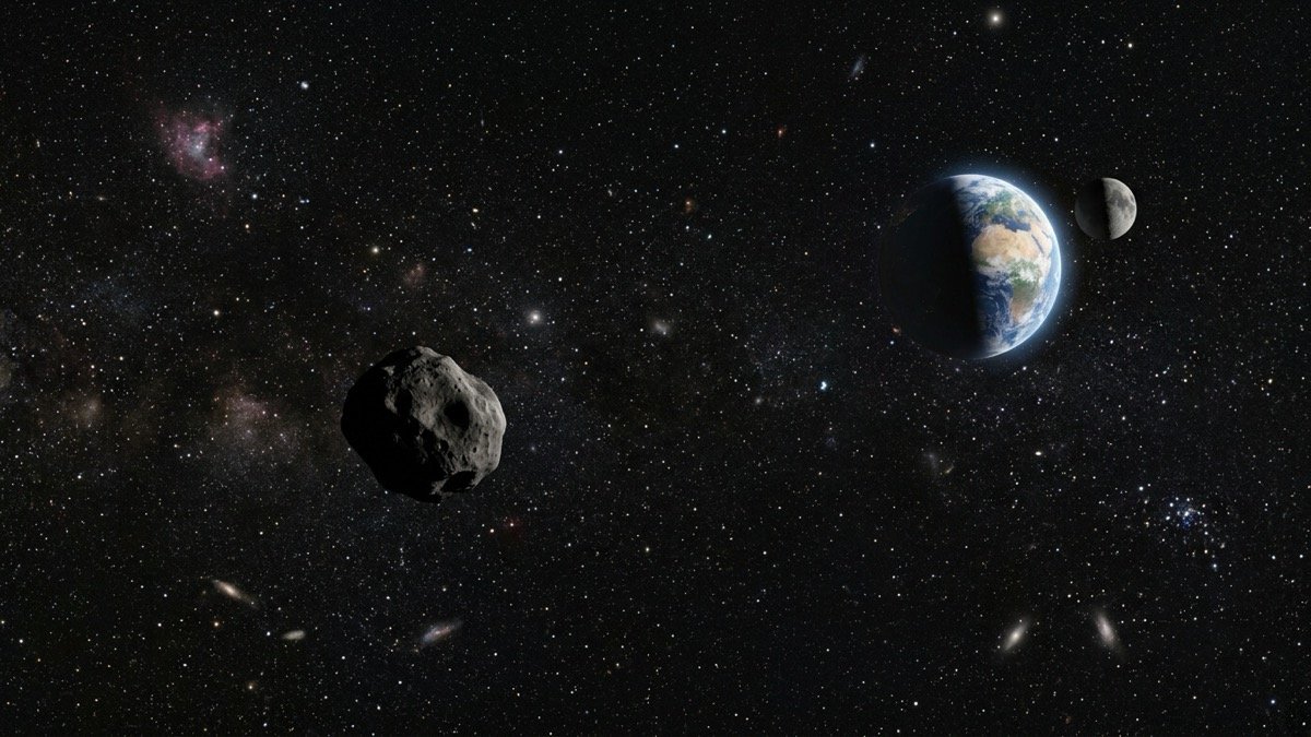 Scientific visualization of near-Earth asteroid orbiting in space with Earth and Moon