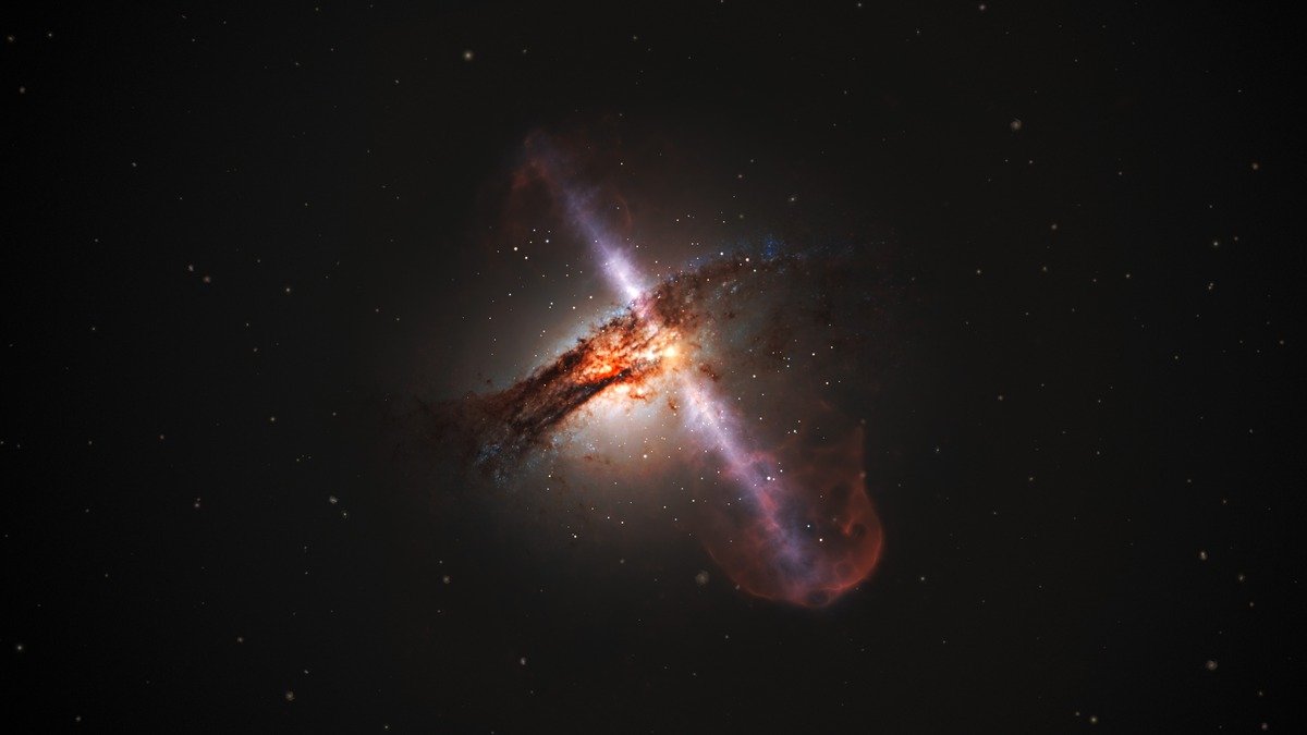 Radio astronomy visualization of giant relativistic plasma jets erupting from a central supermassive black hole into intergalactic space