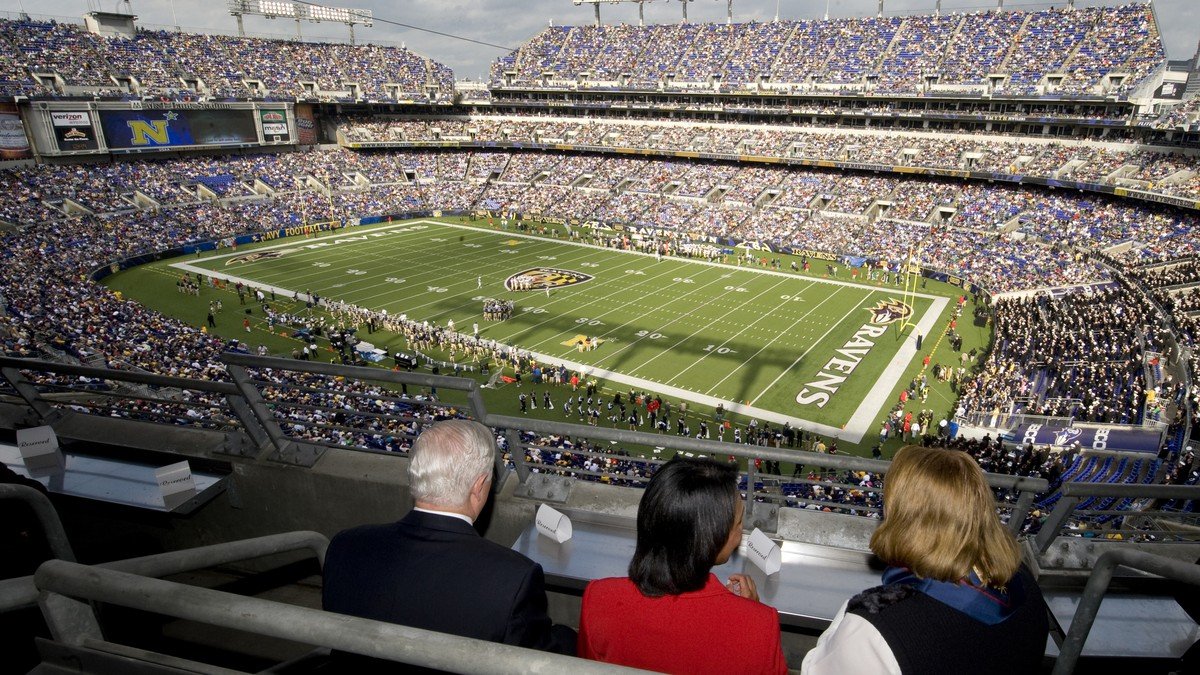 Atmospheric nighttime illumination of an NFL football stadium field
