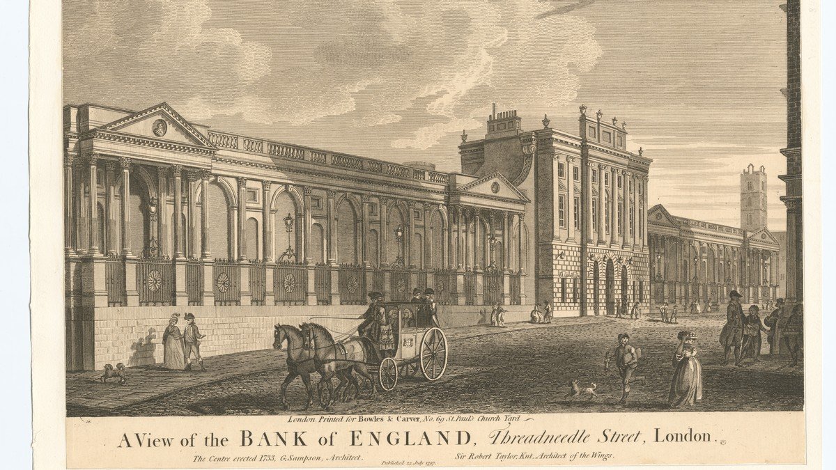 Historische Fassade des Gebäudes der Bank of England an der Threadneedle Street in London
