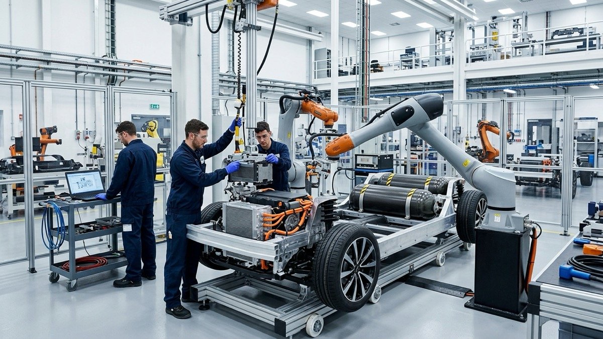 Precision automated assembly line of an automotive hydrogen fuel cell manufacturing facility