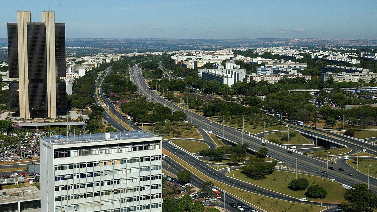 Headquarters of the Banco Central do Brasil in Brasília illuminated at dusk