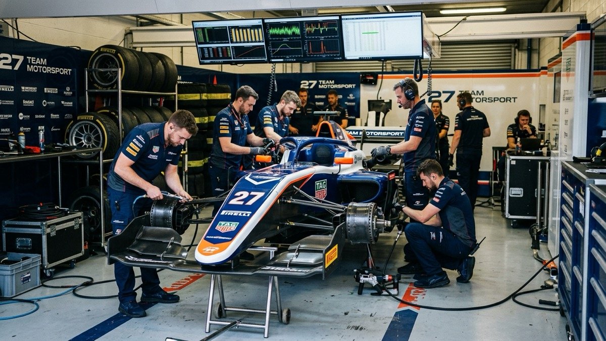 Motorsport mechanics and telemetry engineers working on an open-wheel grand prix race car chassis on stands inside a team pit garage