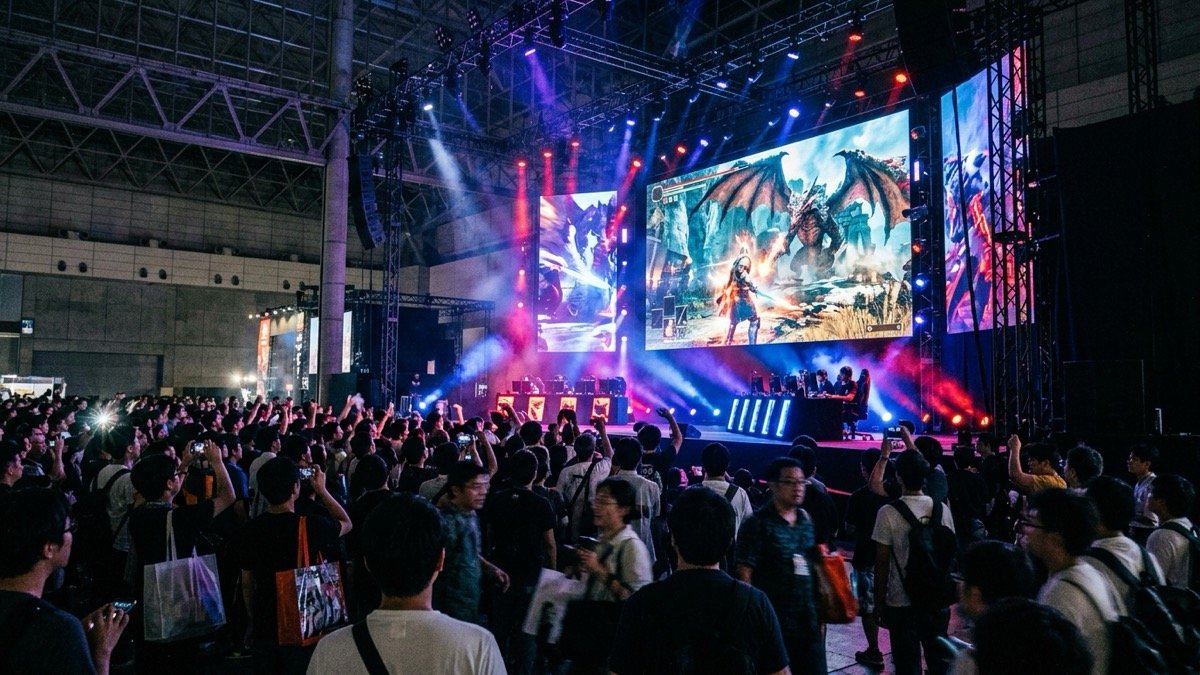 Expansive gaming exhibition stage with large illuminated display screens and professional production lighting
