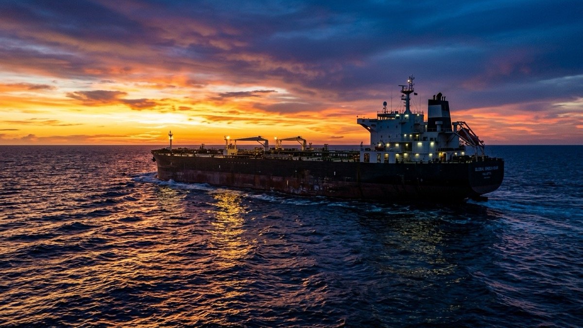 Commercial crude oil supertanker sailing across deep ocean waters at dramatic twilight sunset with rich golden evening light