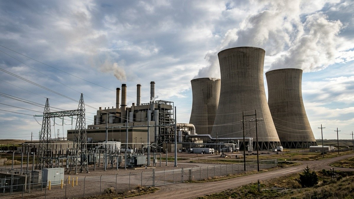 Large American thermal power generation plant with massive cooling towers releasing white steam plumes beside an electrical switchyard