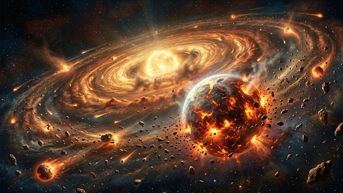 Illustrasi ilmiah editorial formasi planet awal menunjukkan proto cair-Bumi dalam sebuah disk akresi dikelilingi oleh dalam debu matahari