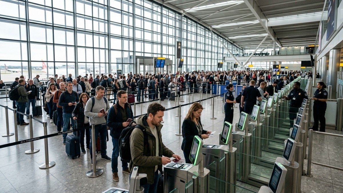 International travelers queueing at modern automated biometric e-gates and passport optical scanners in a bright European airport terminal