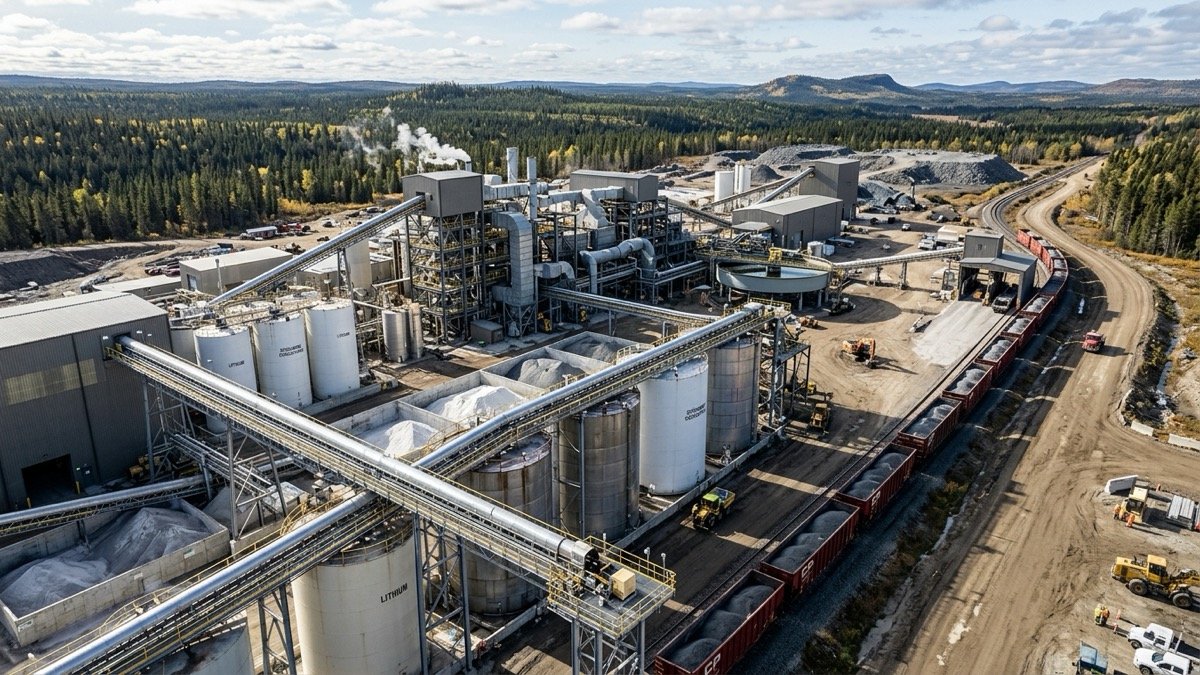 Industrial critical minerals and lithium processing plant with bulk storage silos, conveyor gantries, and freight rail cars in Canada