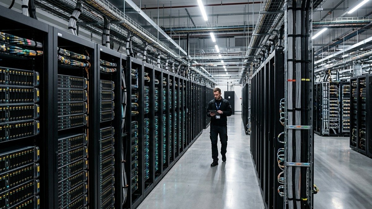 Network engineer walking through high-density server racks and fiber-optic cabling in a modern European sovereign cloud data center