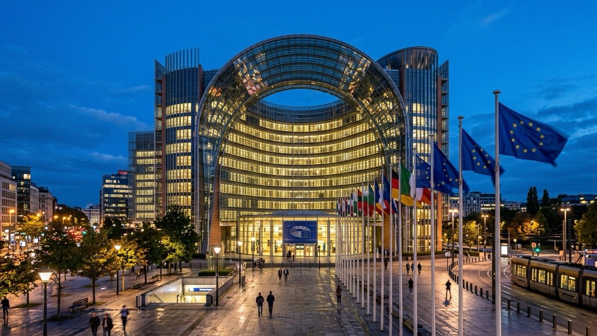 Pemandangan arsitektur gedung Berlaymont markas Komisi Eropa di Brussels saat senja