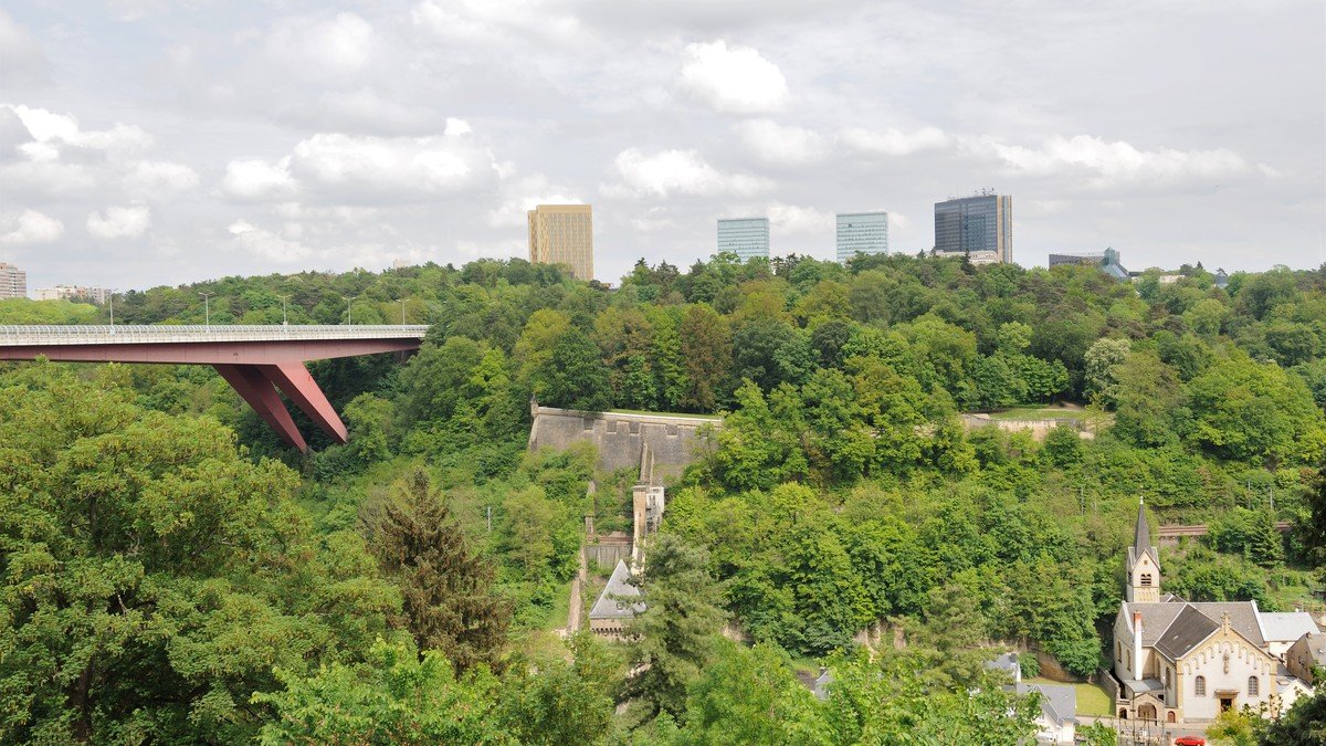 The European Court of Justice building in Luxembourg with EU flags