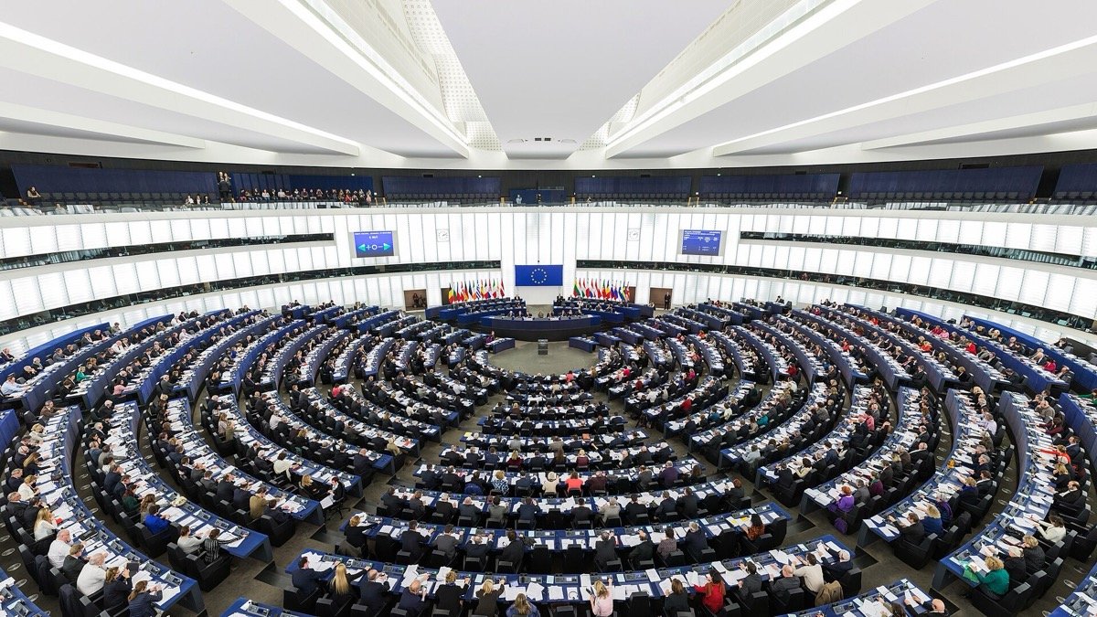 European Parliament plenary debating chamber in Strasbourg during voting session