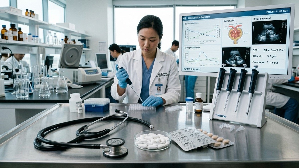 Clinical research scientist with micropipette beside kidney health diagnostic ultrasound monitor, medical tablets, and stethoscope