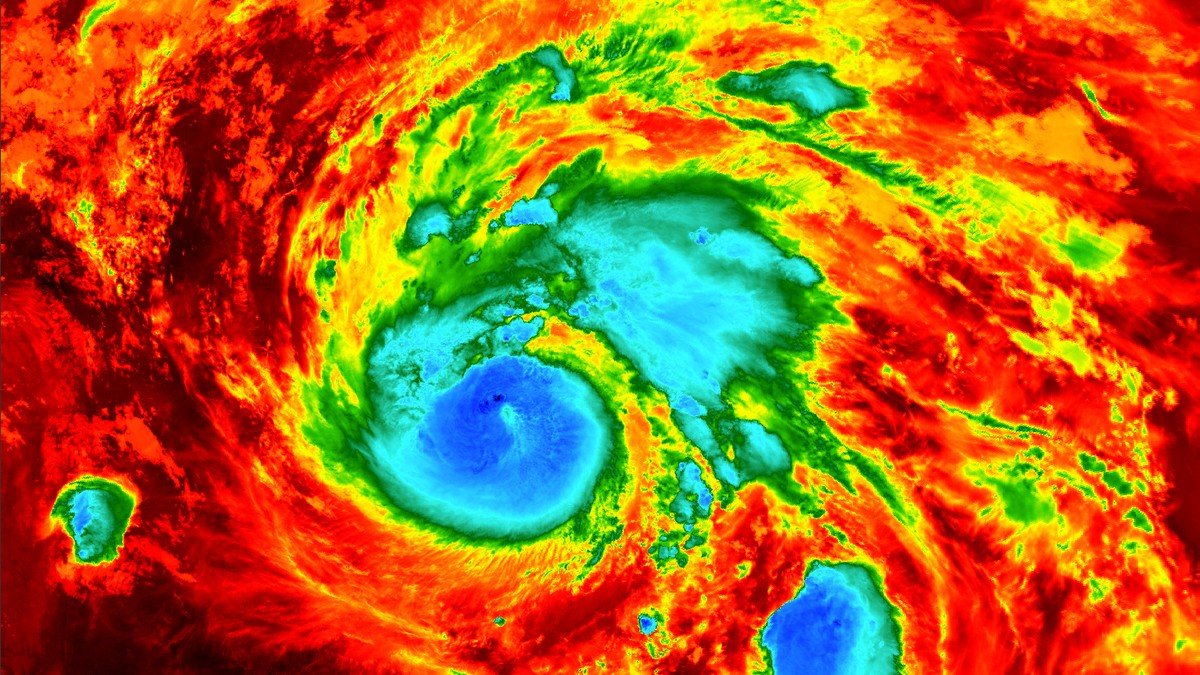 Satellite imagery showing the massive swirling eye and cloud canopy of Hurricane Helene over the Gulf of Mexico