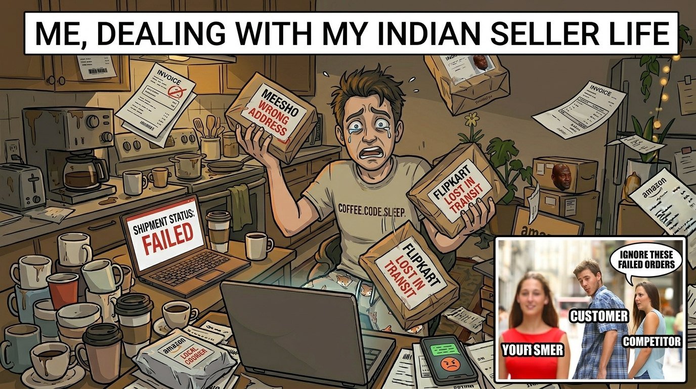 Illustration für die Reduzierung von Versandfehlern bei Meesho und Flipkart (bevor Ihre Kunden verrückt werden)