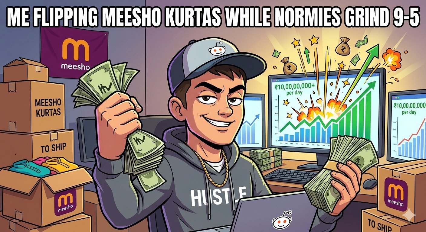 La ilustración destacada para el artículo más vendido de Meesho en 2025 fue "Flip These or Stay Broke Forever, Hustlers".