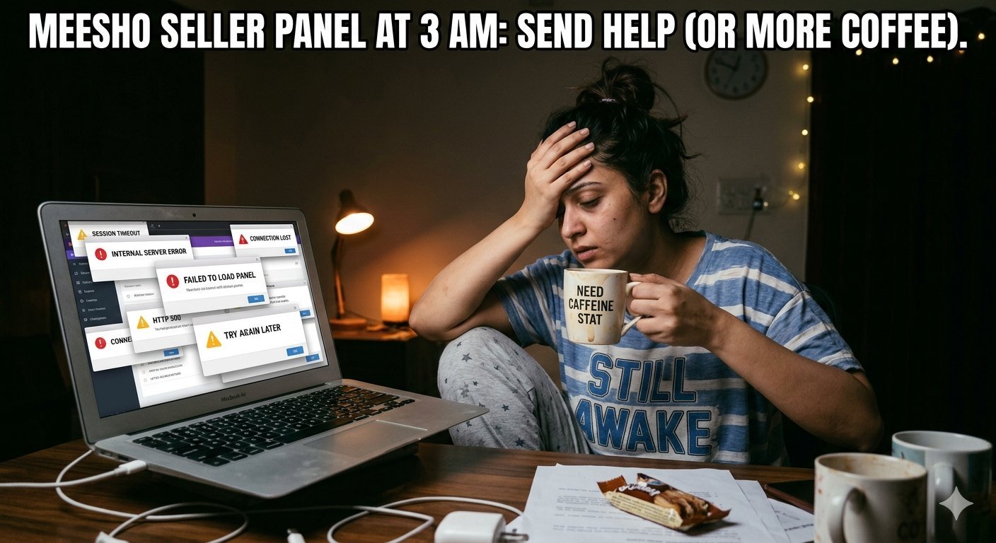 Illustration für Meesho Seller Panel: Wie man den indischen eBay Knockoff überlebt, ohne verrückt zu werden (oder sein Hemd zu verlieren)