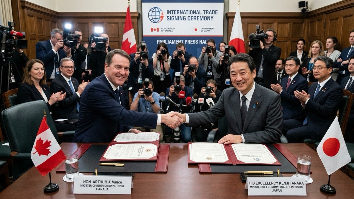Diplomatic delegations shaking hands across executive treaty table at international trade signing ceremony