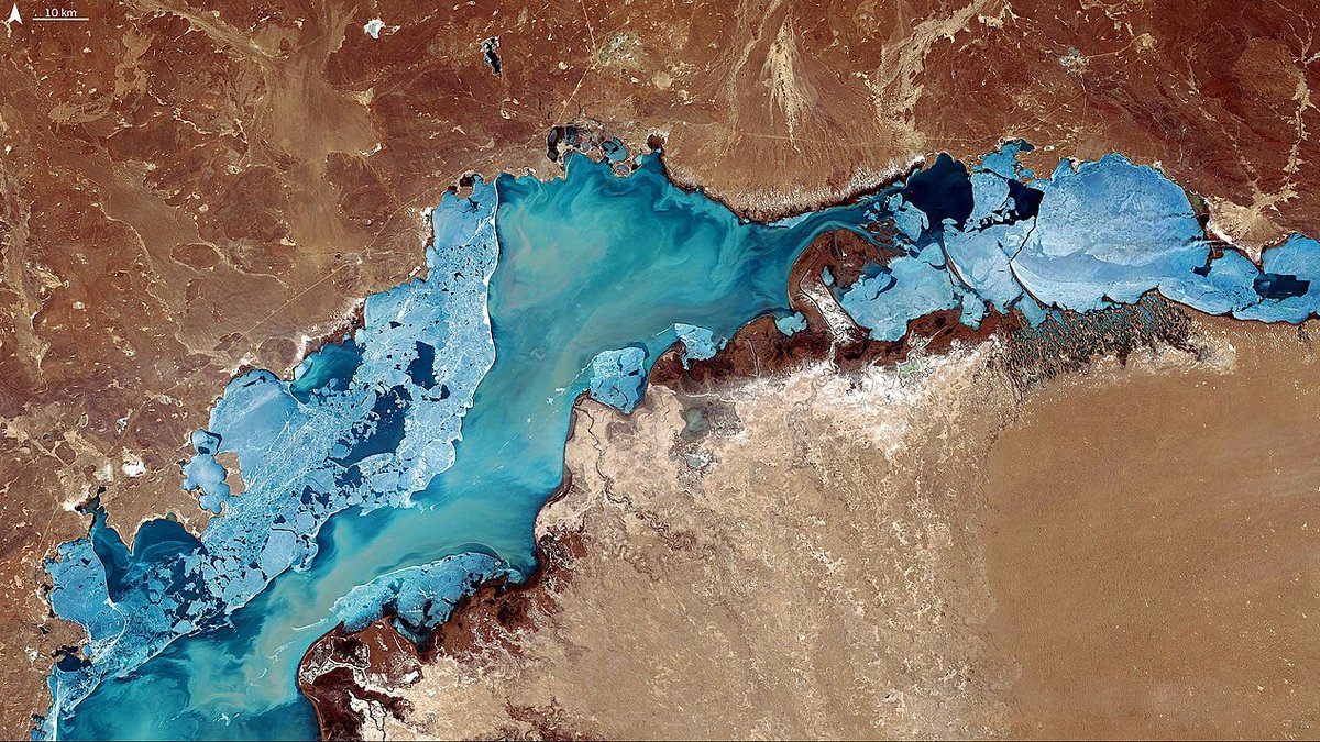 Aerial view of Lake Balkhash shoreline in Kazakhstan where the nuclear power plant is planned