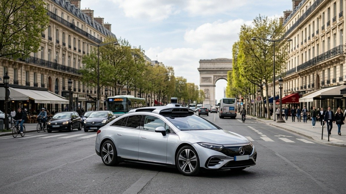 Autonomous electric sedan with rooftop lidar sensors driving along a grand Parisian boulevard with the Arc de Triomphe in the background