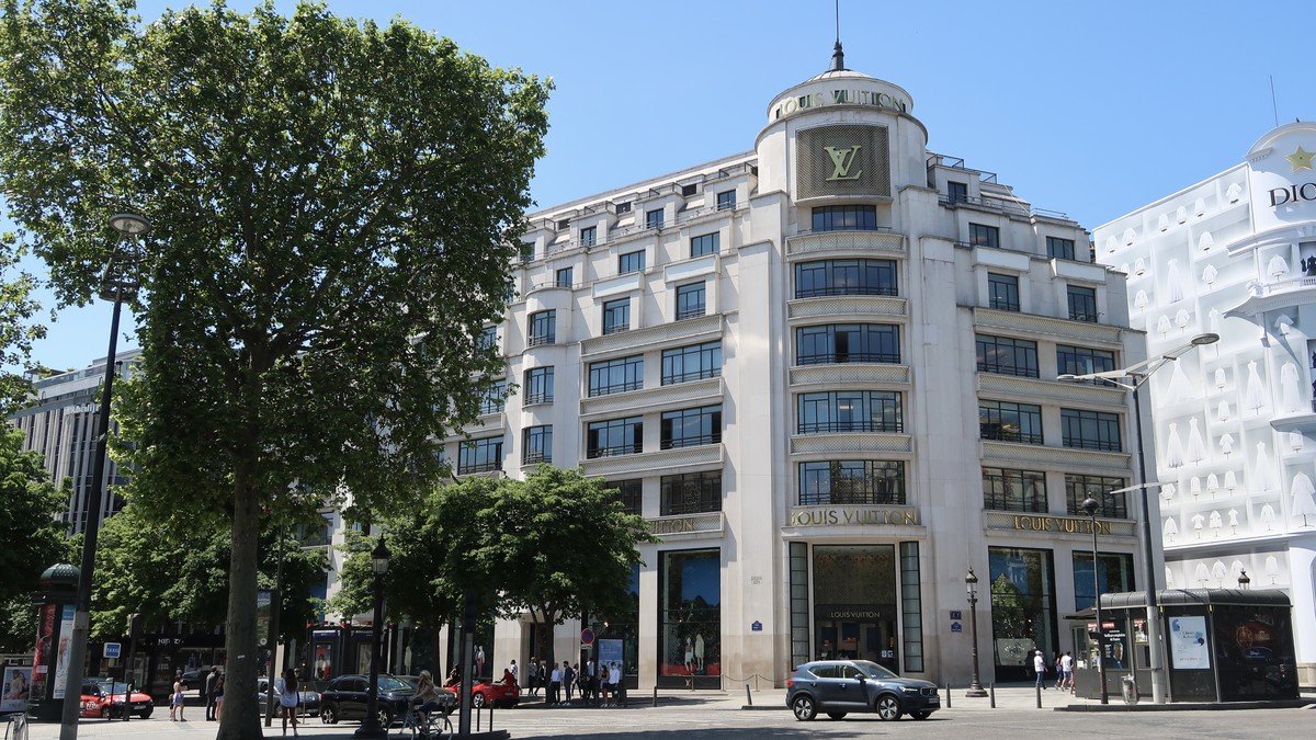 LVMH corporate headquarters in Paris alongside Moncler luxury flagship boutique showcase