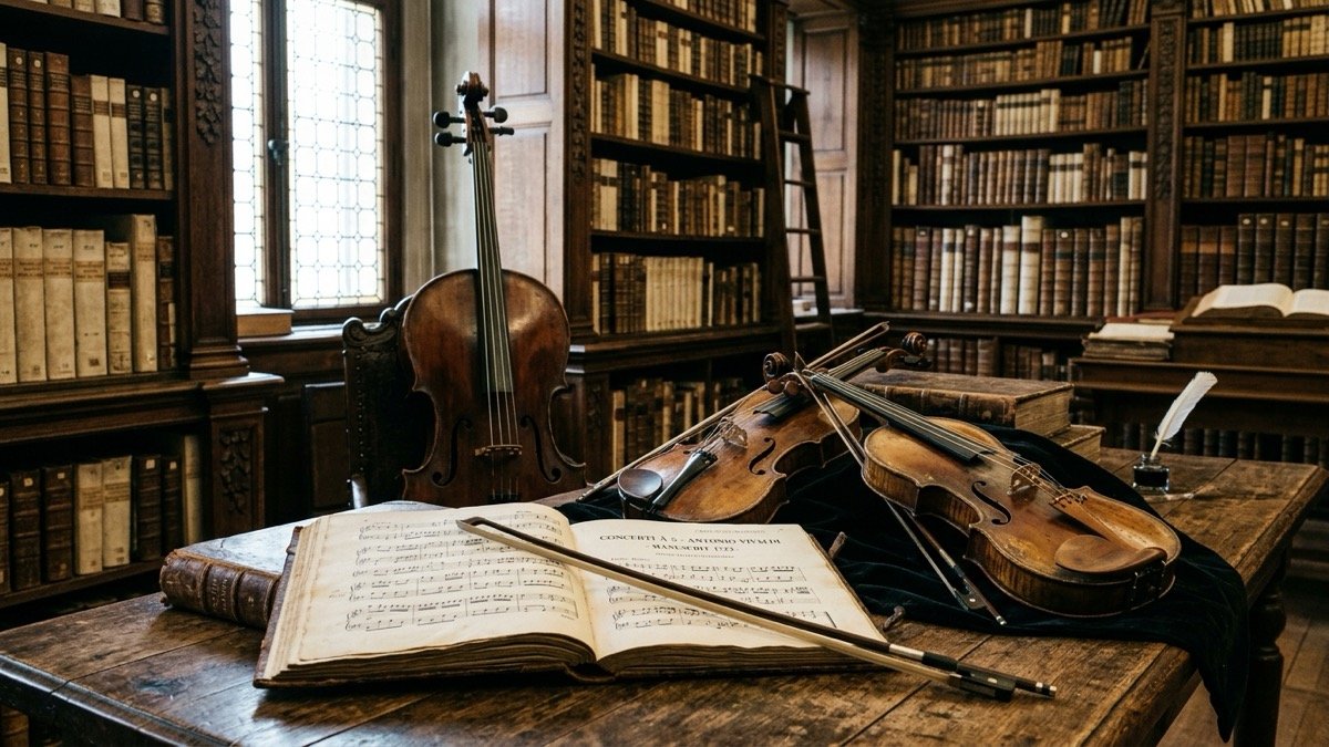 Historic baroque string instruments resting beside 18th-century classical music manuscripts