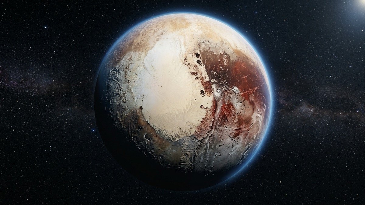 High-resolution orbital visualization of dwarf planet Pluto showing the bright heart-shaped nitrogen ice plain Sputnik Planitia in deep space