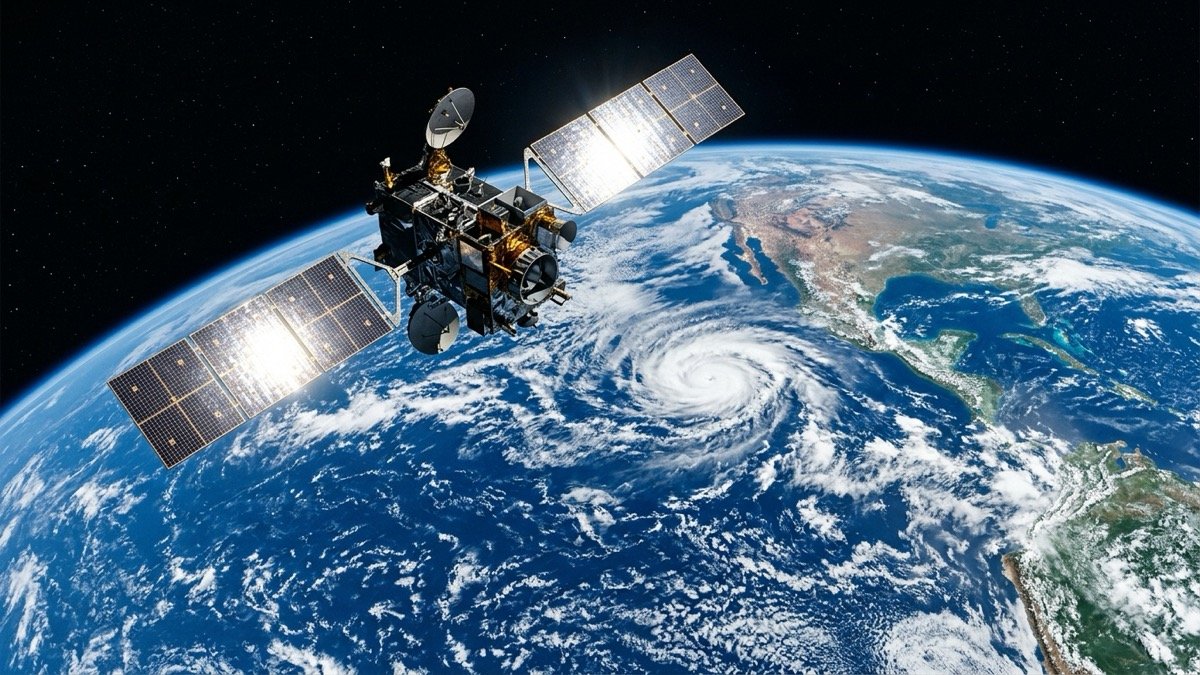 Earth observation weather satellite operating in low-Earth orbit with blue oceans and cloud patterns below