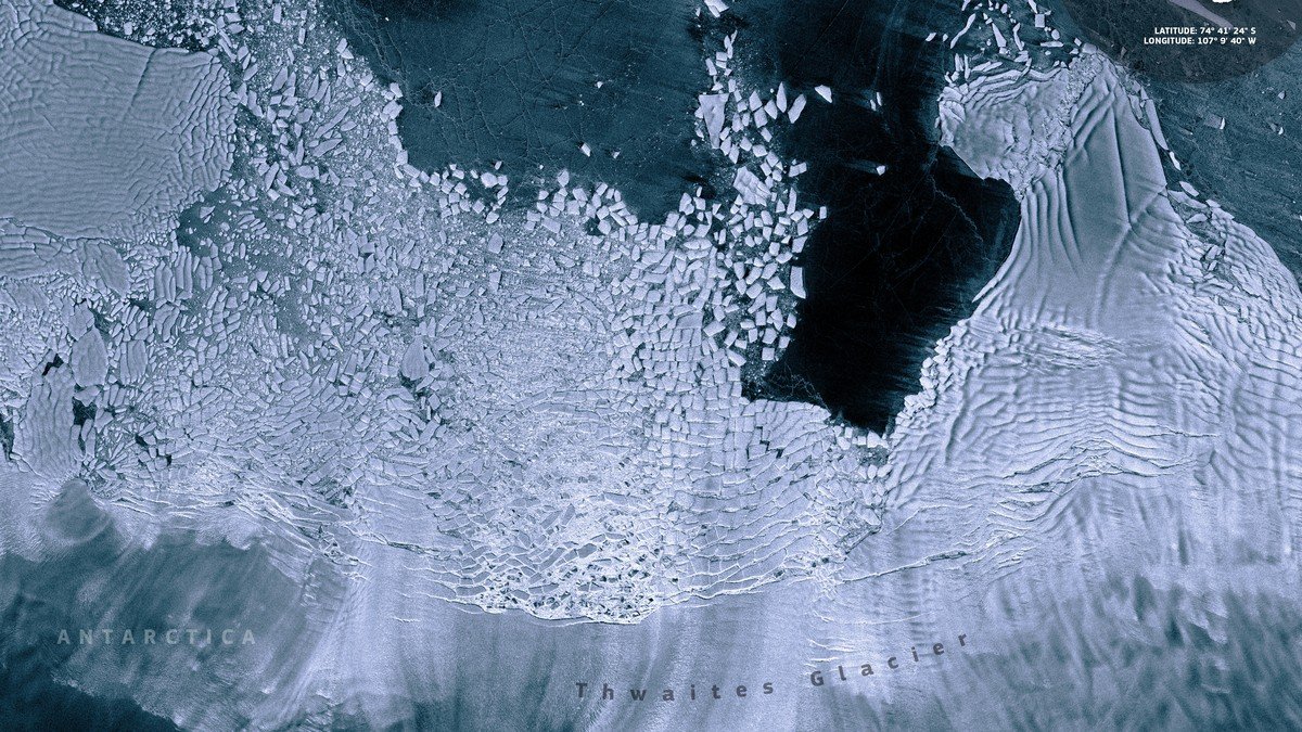 Satellite visualization and aerial view of fractured sea ice floes in the Southern Ocean near Antarctica