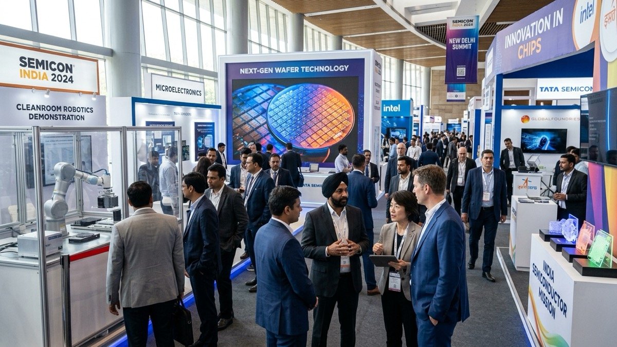 Exhibition floor at SEMICON India 2026 in New Delhi with silicon wafer displays and robotics exhibits