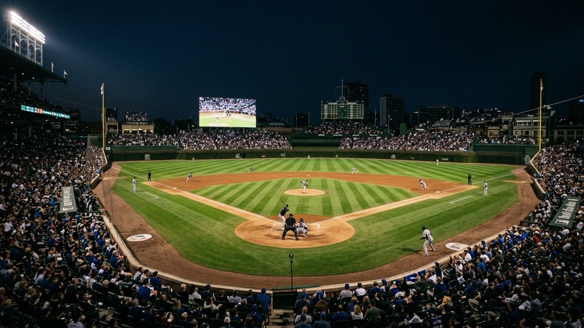 Major league baseball stadium illuminated under bright nighttime floodlights looking towards the field