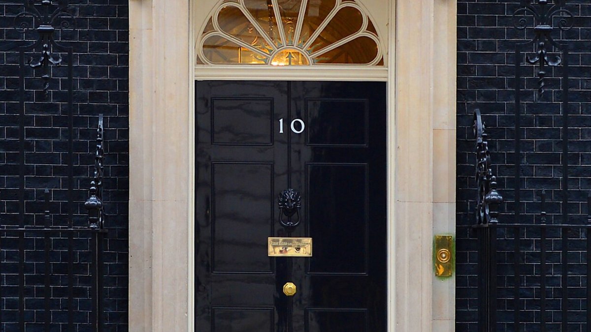 The iconic black door of 10 Downing Street in London amid government reshuffle
