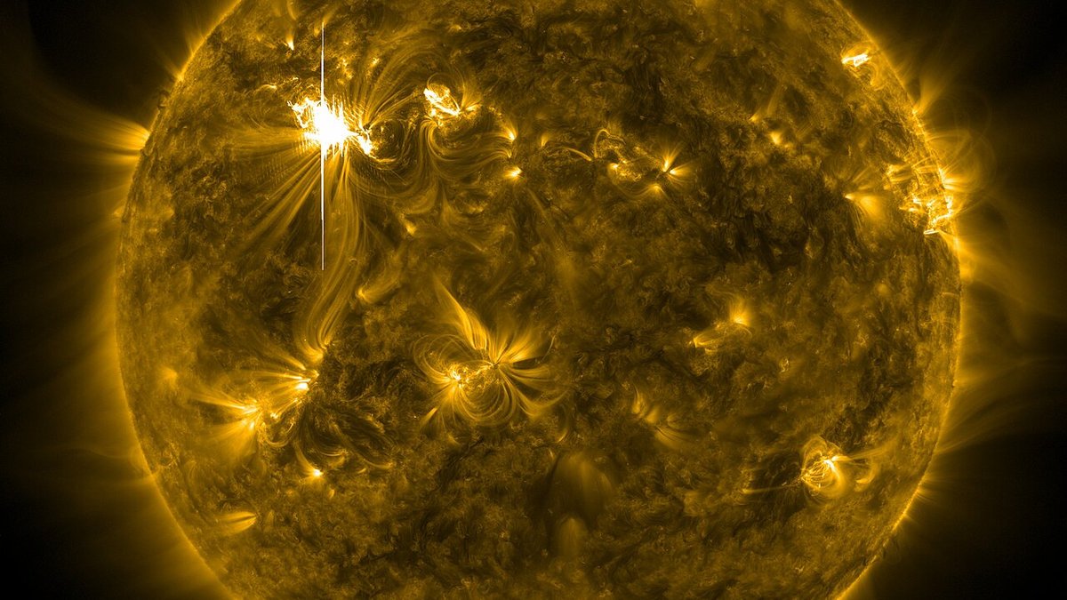 NASA Solar Dynamics Observatory telescope view of massive X9.05 solar flare erupting from sunspot AR3842