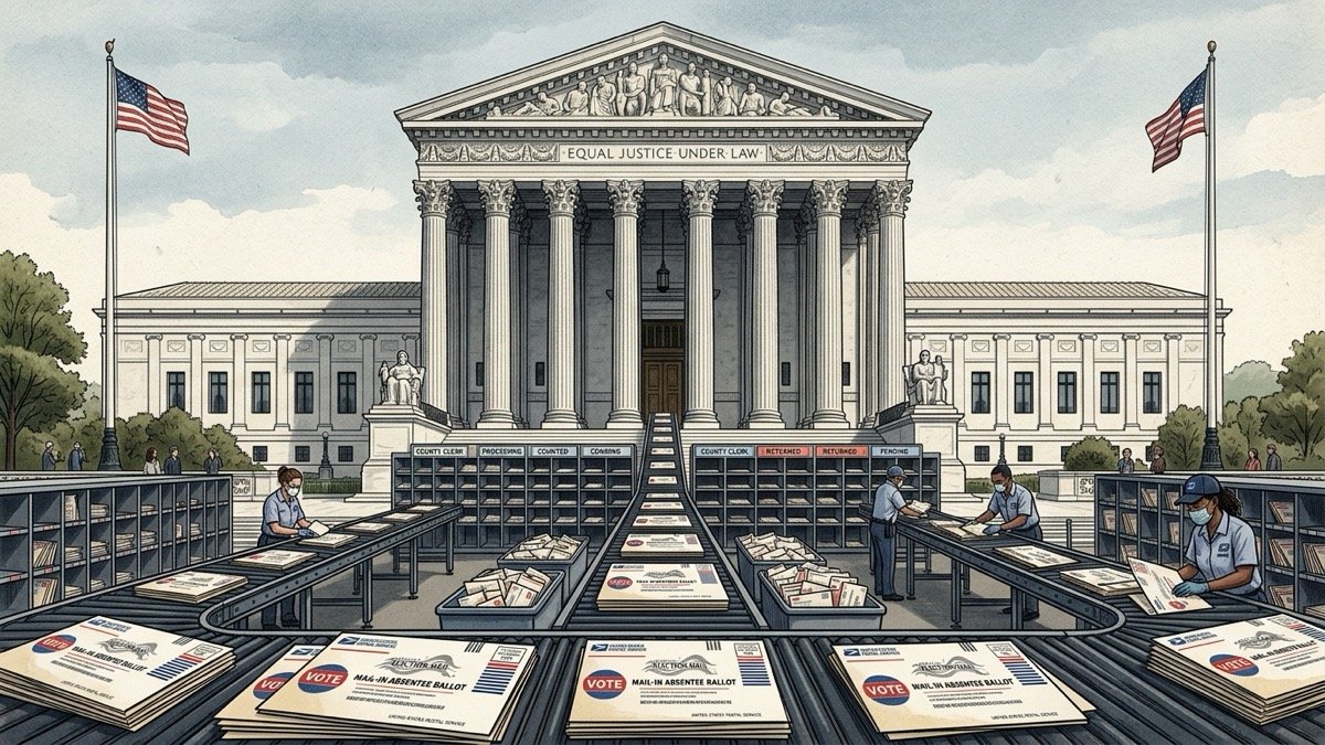 Editorial illustration of Supreme Court neoclassical facade with mail-in absentee election ballot envelopes and postal sorting