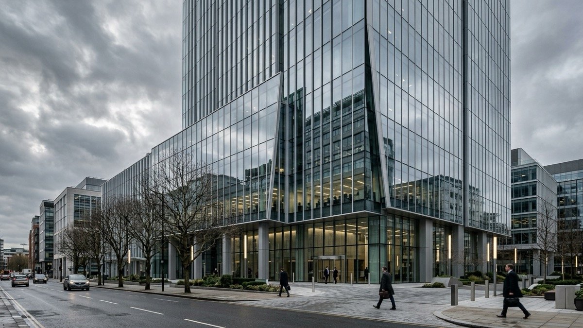 Edificio corporativo moderno con fachada de cristal que simboliza reestructuración empresarial
