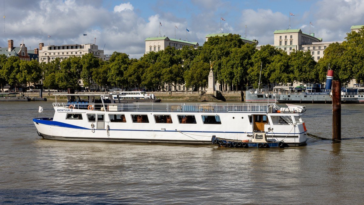 Britisches Flussufer mit sanft strömendem Wasser und grüner Uferlandschaft unter Wolkenhimmel