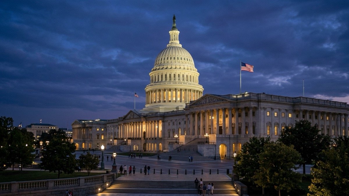 Die beleuchtete Kuppel des Kapitols in Washington in der Abenddämmerung