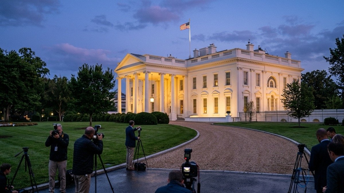 Press photographers on the lawn with tripod cameras facing the illuminated North Portico of the White House at twilight