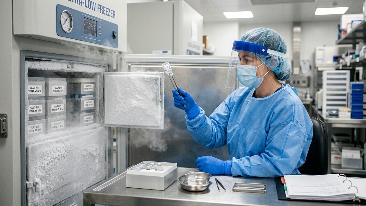 Laboratorium penyimpanan biomedis bersuhu sangat rendah dengan botol-botol vaksin tertata