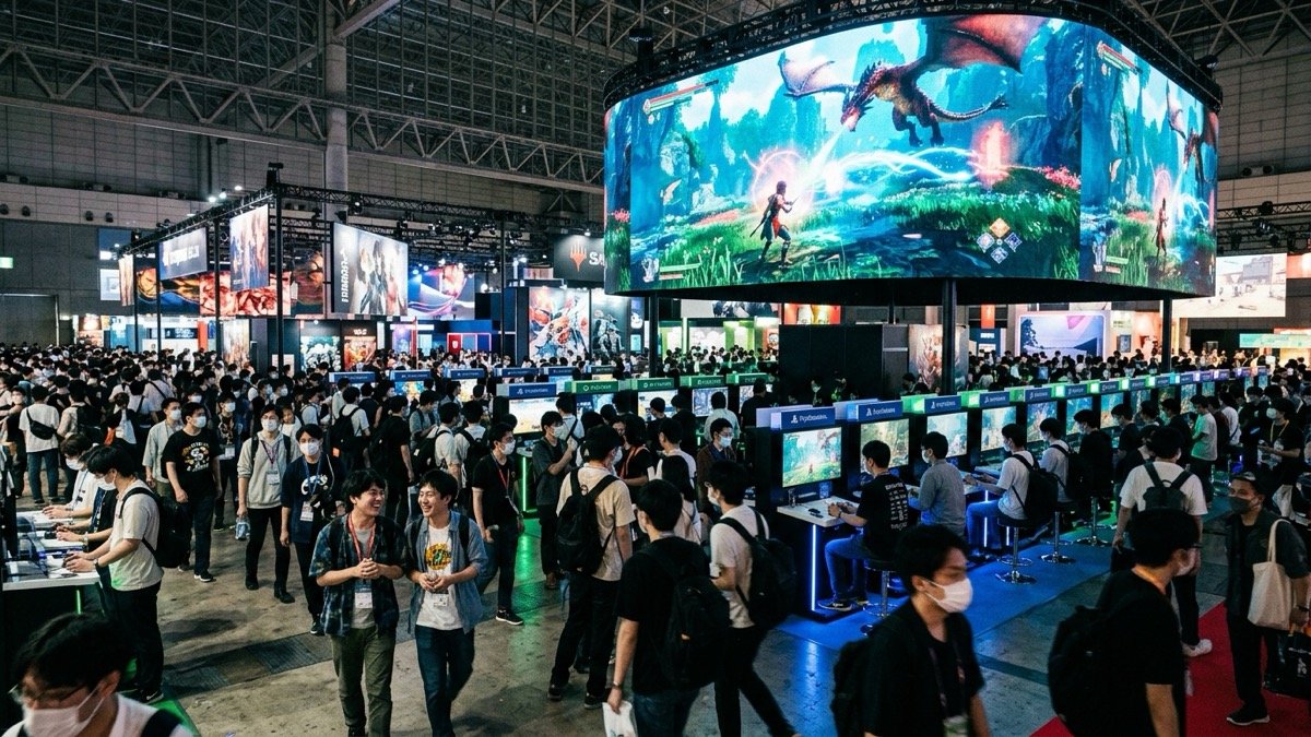 Gamer crowds gathered around vibrant demo gaming kiosks and giant curved fantasy RPG LED video walls at Tokyo Game Show in Makuhari Messe